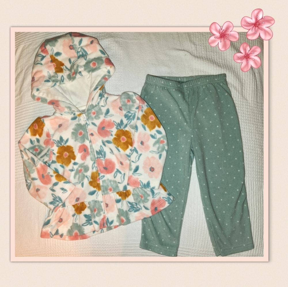 Floral Fleece Hooded Jacket With Green Matching Fleece Pants, Size 18 Mos